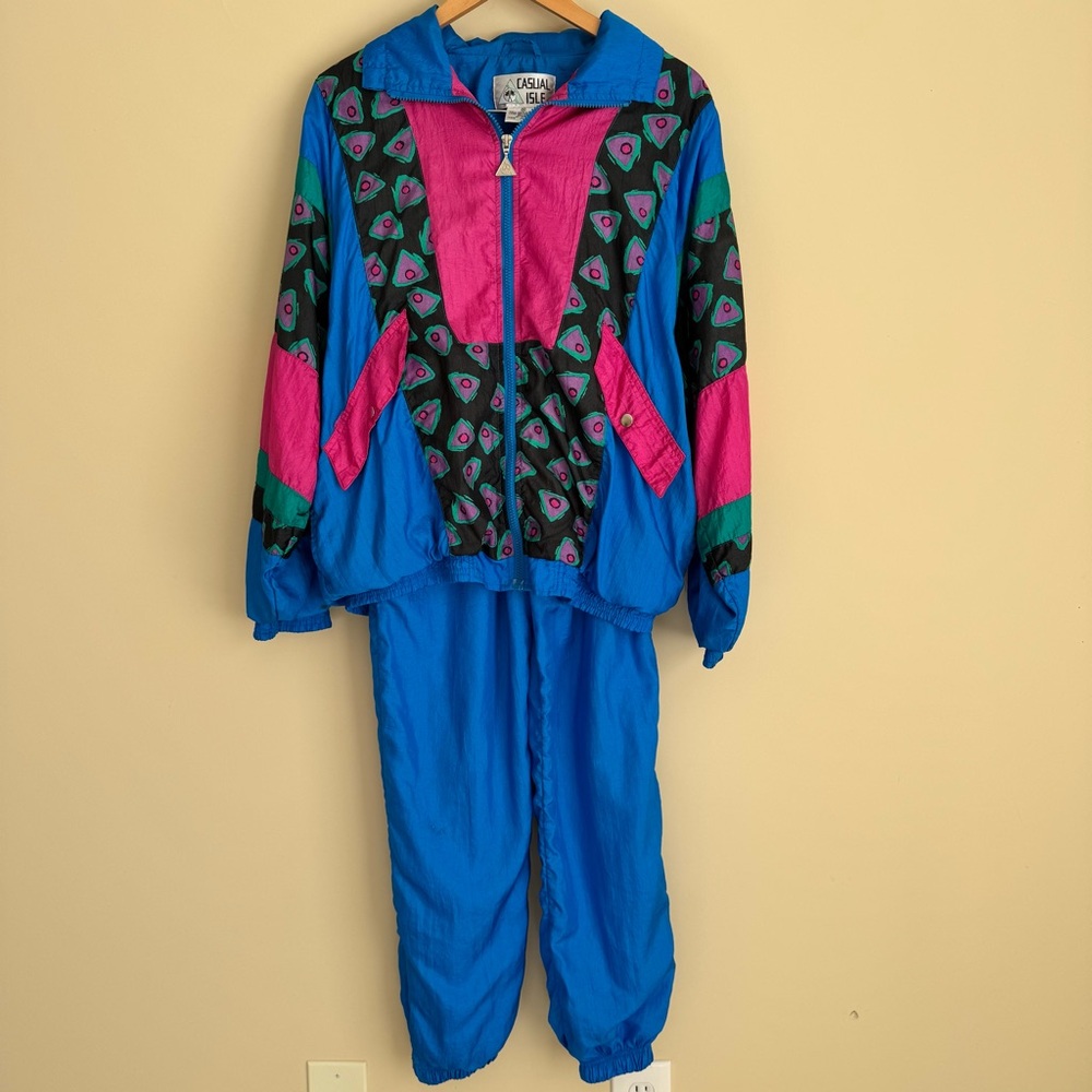 Vintage Casual Isle 80s Geometric Colorblock Windbreaker Track Suit Set M